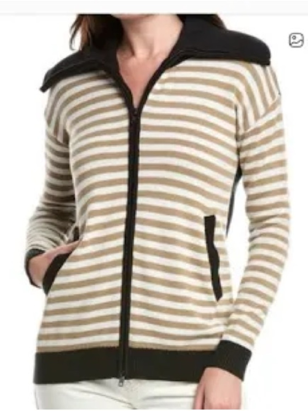 CAbi Mascot Cardigan Sweater with Cream and Tan Striped Sleeves NWOT